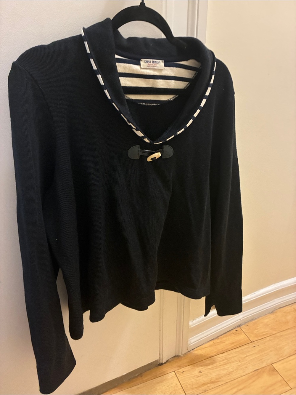 Saint James Navy Pullover with Striped Shawl Collar